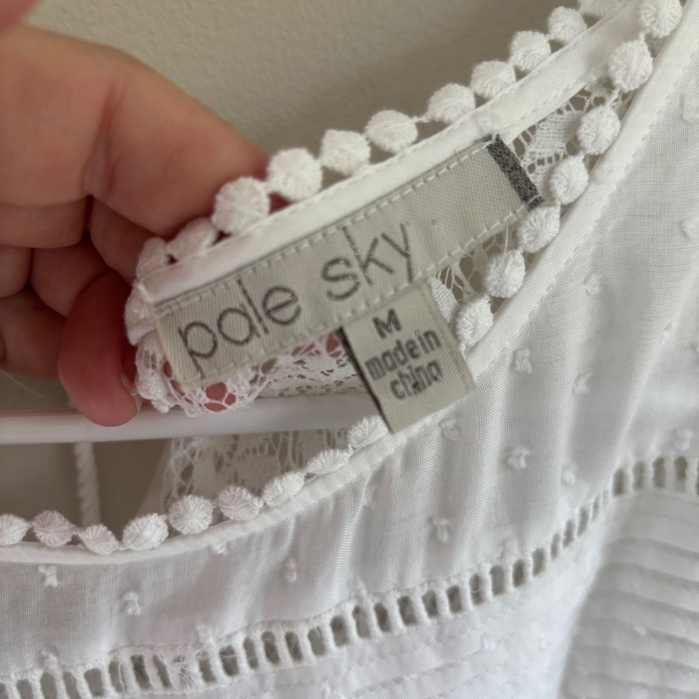 Pale Sky White Blue Boho Lace Embroidered Swiss Dot Blouse Top Womens Medium - Picture 5 of 8
